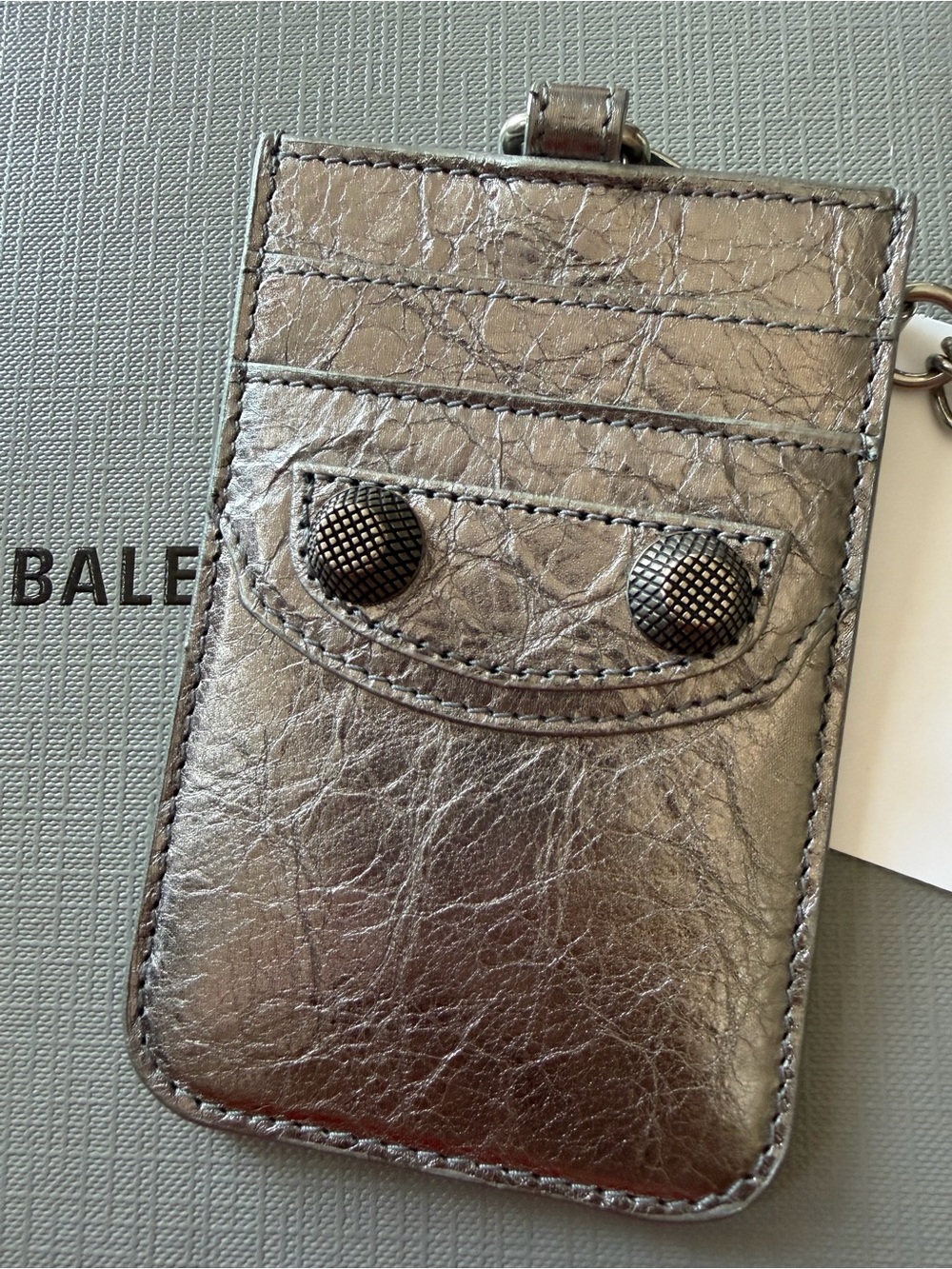 Balenciaga Silver Metallic Card Case with Chain and Clip NWT